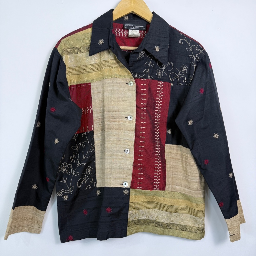 Harris Wallace Silk Blend Patchwork‎ Embroidered Button Up Shirt Jacket Size M